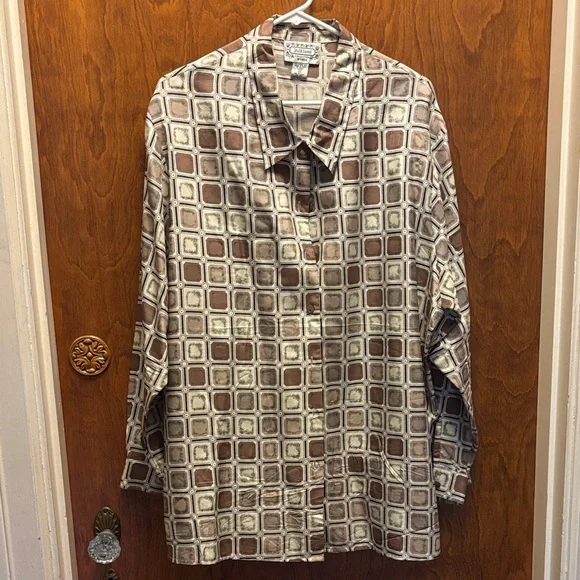 SilkLand Brown 100% silk and Cream Patterned Blouse - Picture 1 of 4